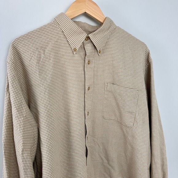 Land's End Tan/White Houndstooth Button Down Flannel Shirt Men's XL - Picture 2 of 14